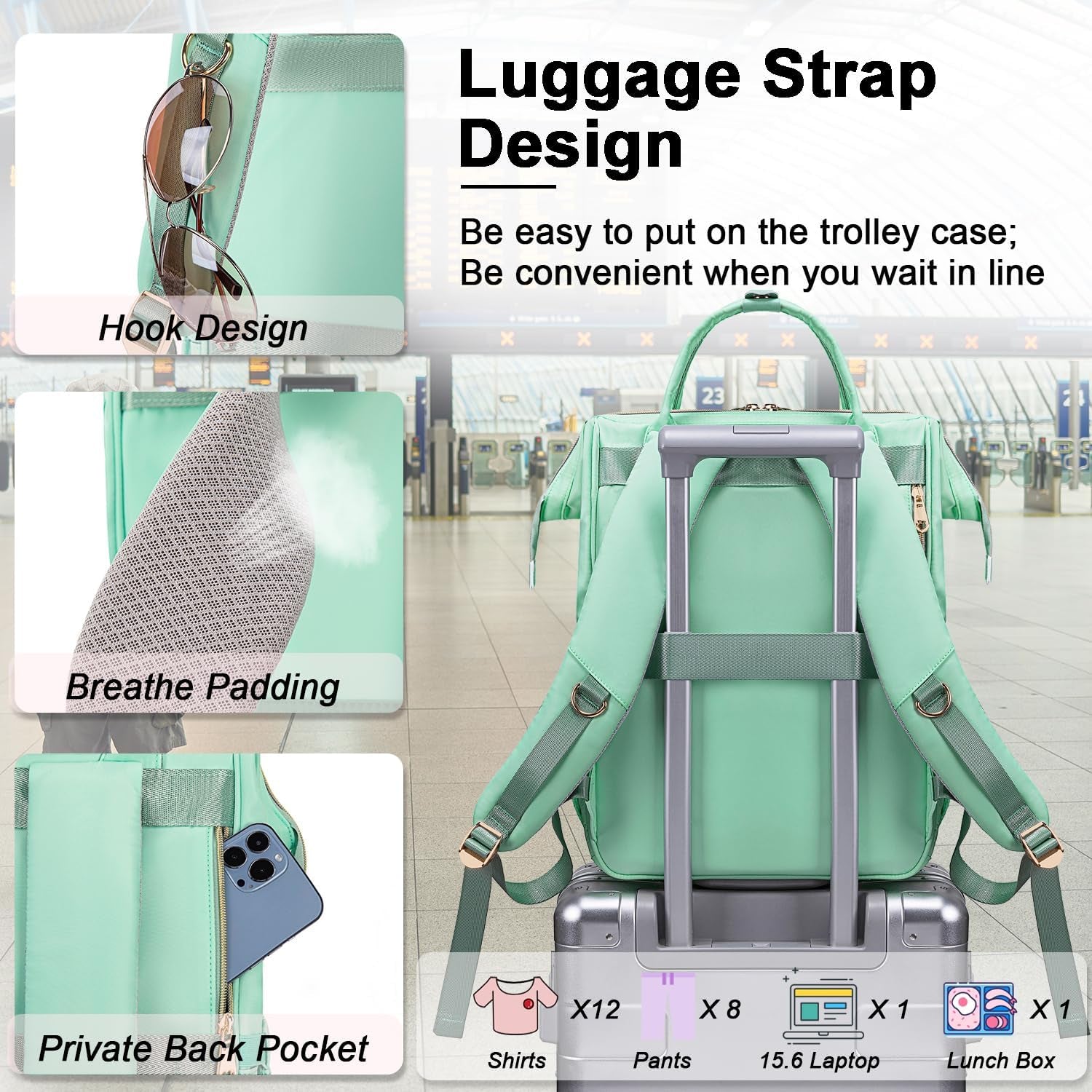 Lunch Backpack for Women,15.6 Inch Laptop Backpacks for Womens Back Pack, Travel Backpacks,Work Backpack for Women (Lightgreen)