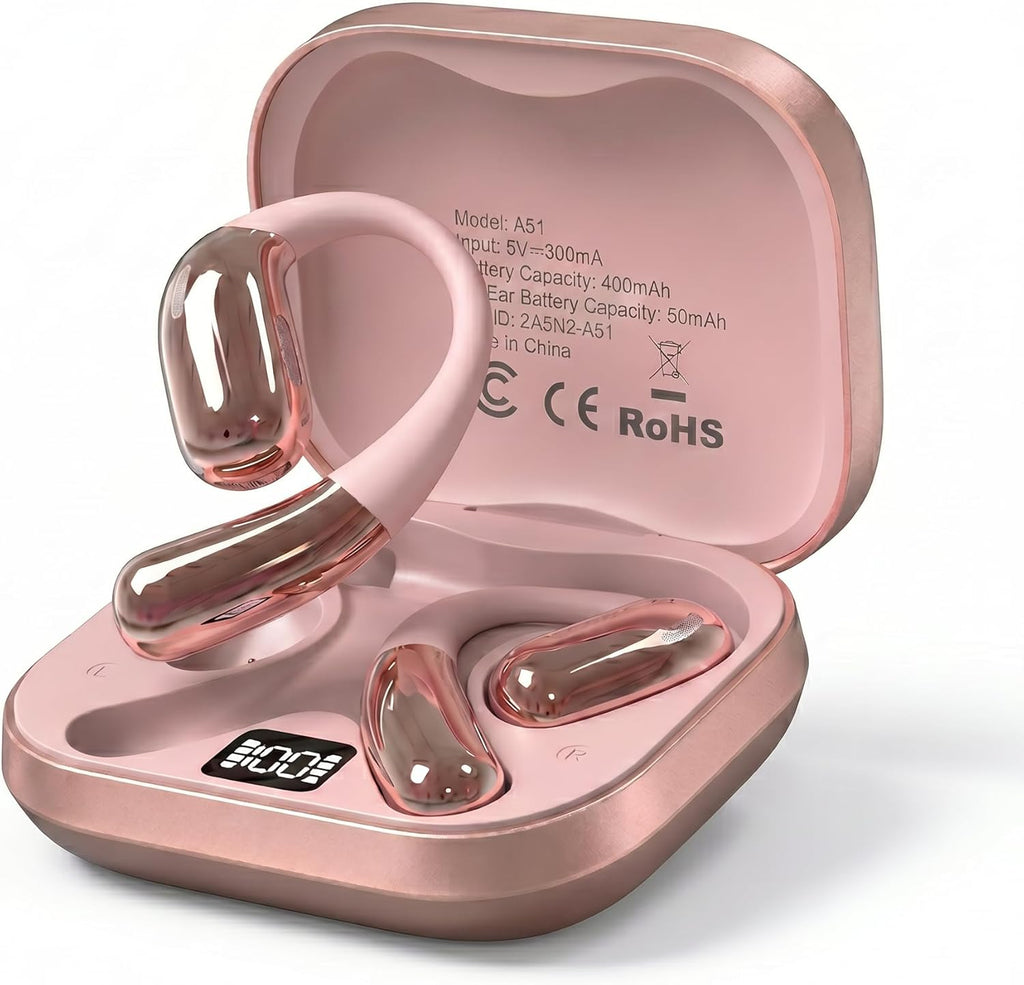 Open Ear Headphones, Wireless Headphones with Smart Digital Display & Mic, Open Ear Earbuds 35H Playtime, Sweat Resistant & Waterproof, Secure Comfortable Fit - Running, Sport, Daily (Rose Gold)