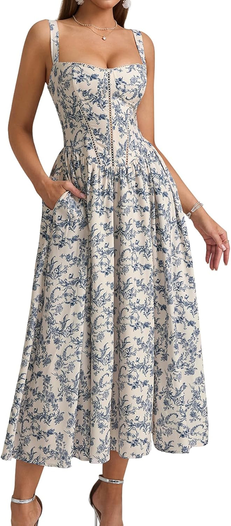 Summer Floral Corset Midi Wedding Guest Dresses for Women | Slit Flowy Sundress with Pockets, Idea for Garden Tea Party Engagement Bridal Shower Fancy Cottagecore Milkmaid