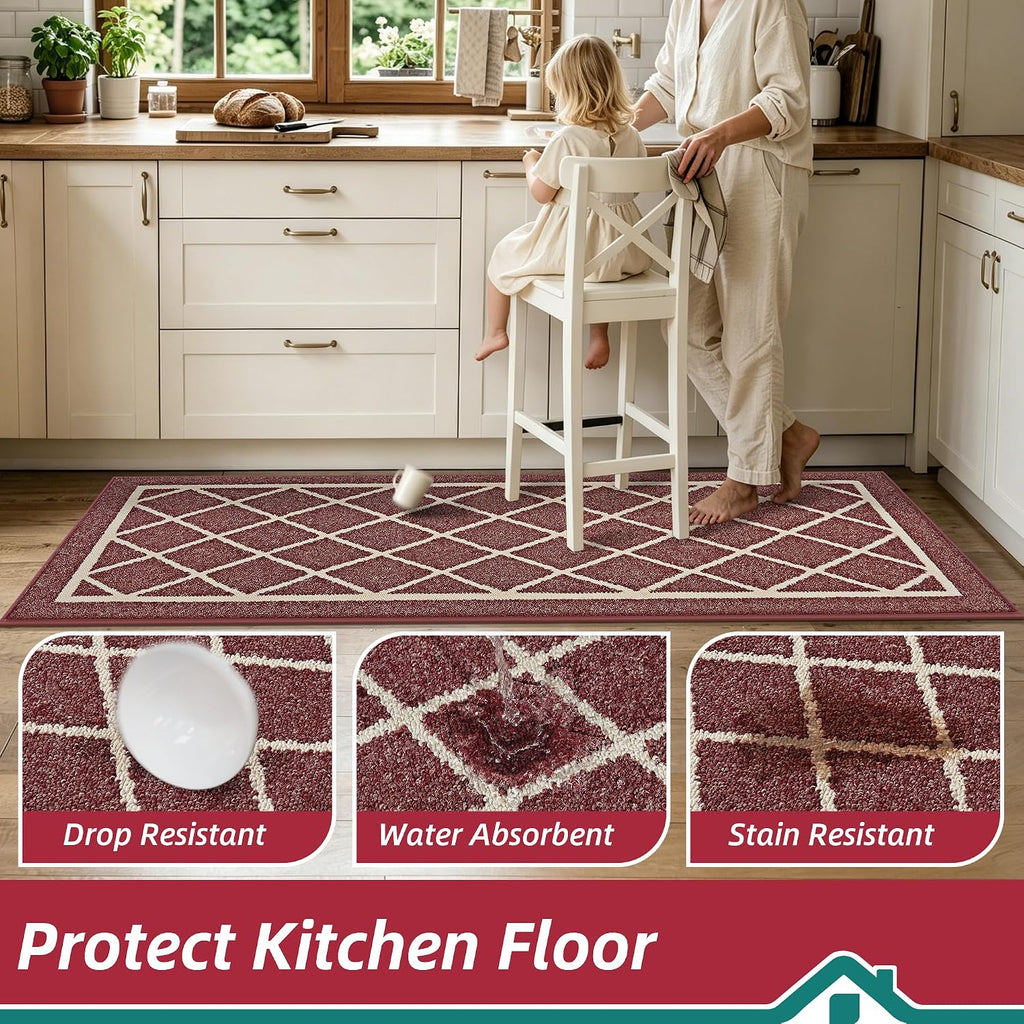 Kitchen Rugs Non Slip Washable Kitchen Mat, Red, 32X48In | Washable Easy Care Kitchen Rug, Absorbent Kitchen Mats for Floor, Stain Resistant Durable Rugs for Kitchen