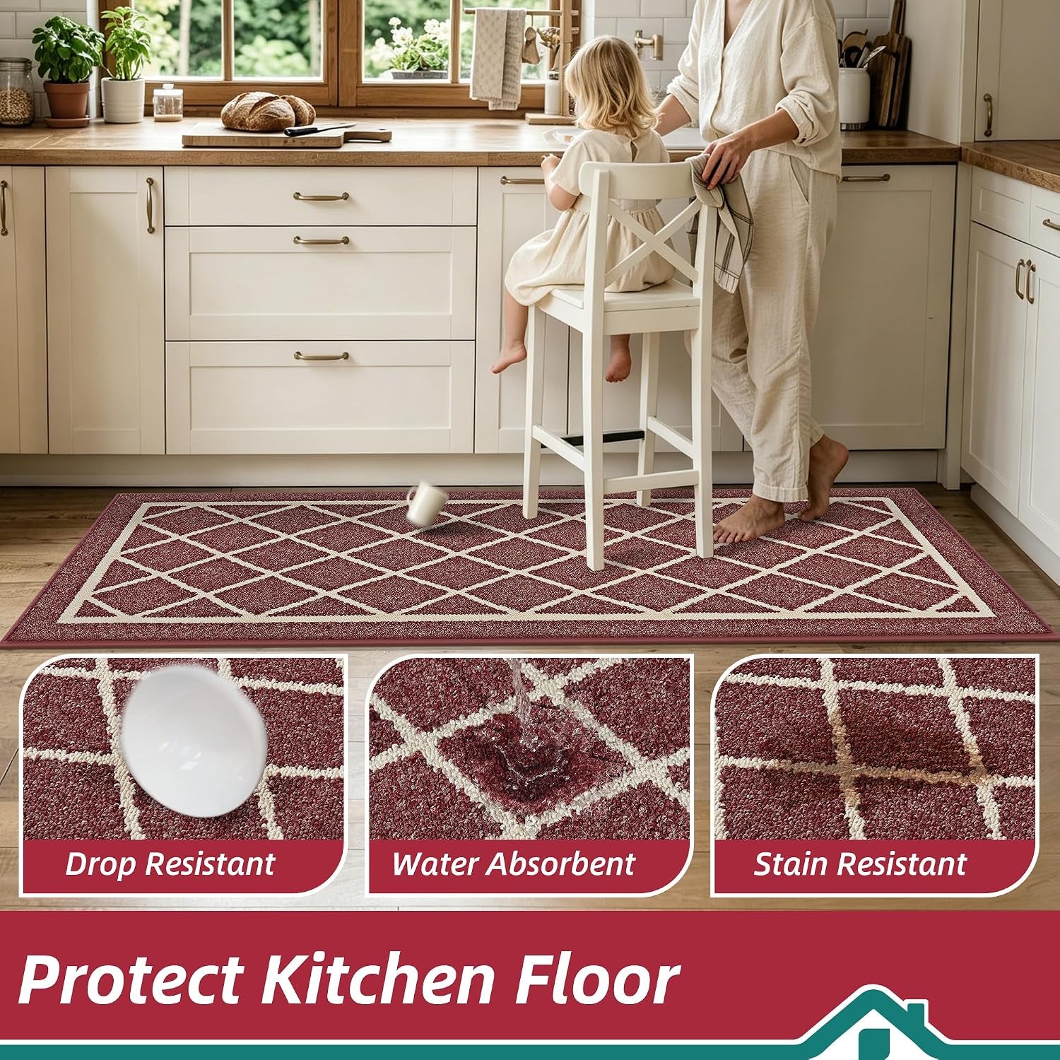 Kitchen Rugs Non Slip Washable Kitchen Mat, Red, 32X48In | Washable Easy Care Kitchen Rug, Absorbent Kitchen Mats for Floor, Stain Resistant Durable Rugs for Kitchen
