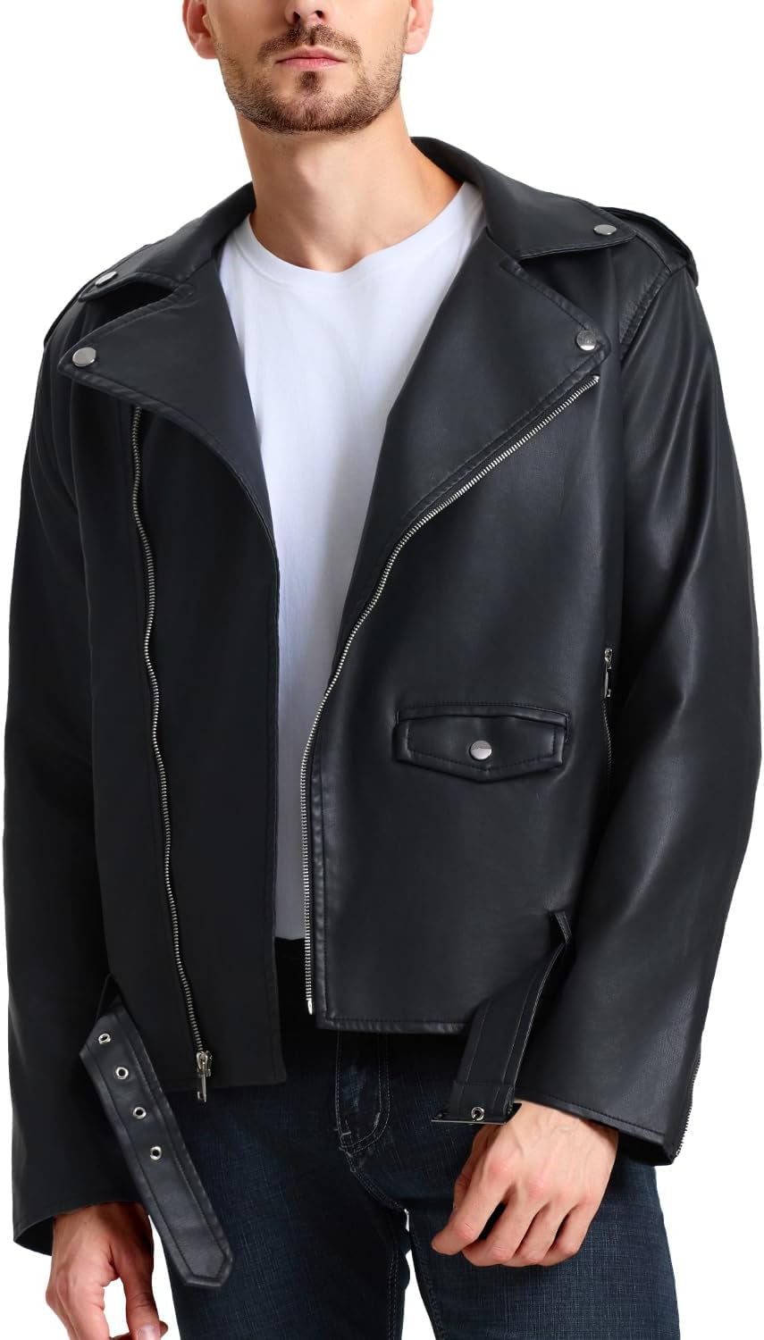 Men'S Leather Jackets, Faux Bomber Jacket for Men Motorcycle Lapel Asymmetric Zip-Up Slim Fit Biker Coat