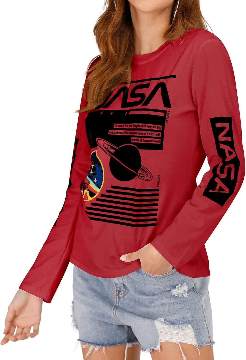 Women Long Sleeve Graphic Shirts NASA Space Letter Print | Crew Neck Tee Tops Tshirt,Fashion T-Shirts,For Spring Fall Winter