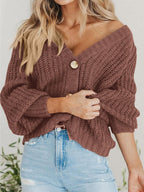 Women'S Chunky Knit Open Front Cardigan Sweaters Fall Outfits | V Neck Button Loose Short Cardigan Outerwear Coats, Slouchy Drop Shoulder Loose Cute Sweaters, Fall Clothes for Work & Office