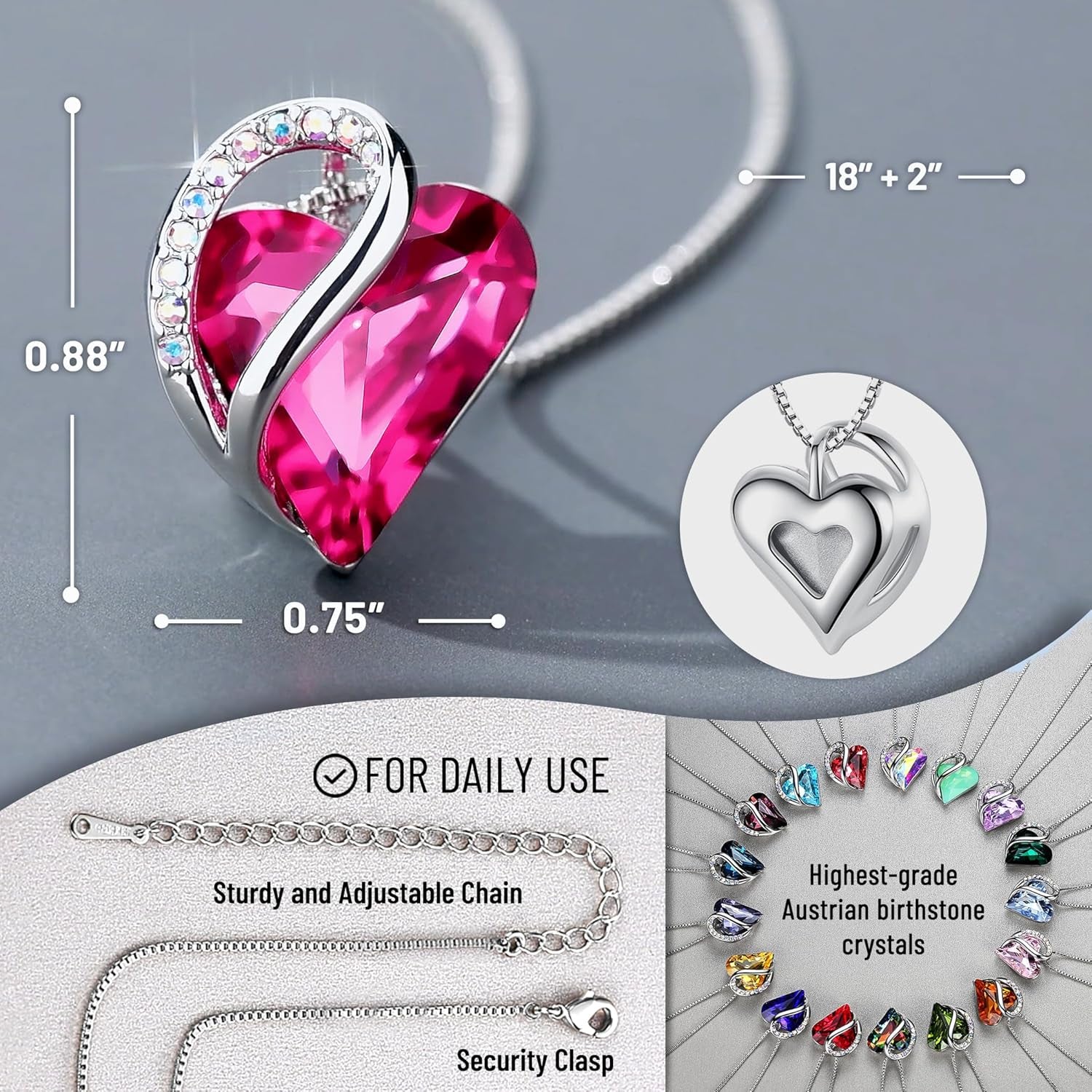 Gift Necklaces for Women, Infinity Love Birthstone Heart Crystal Pendant, Birthday Anniversary Jewelry for Wife, Mom, and Her, Silver Plated, 18" + 2" Adjustable Chain