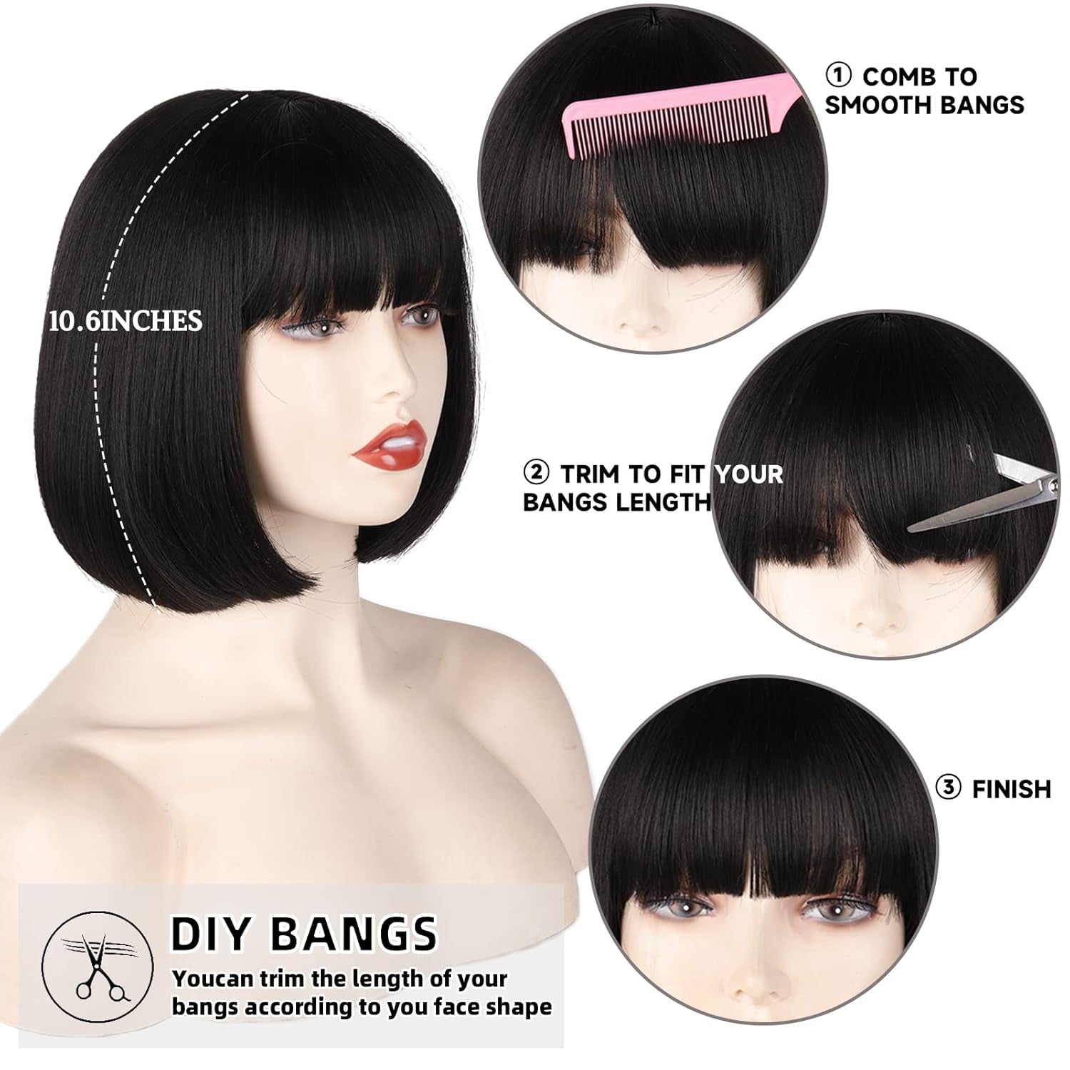 Black Short Bob Wig,Straight Black Bob Wig with Bangs, 10 Inch Straight Bob Bangs Wig for Women Natural Looking for Daily Use