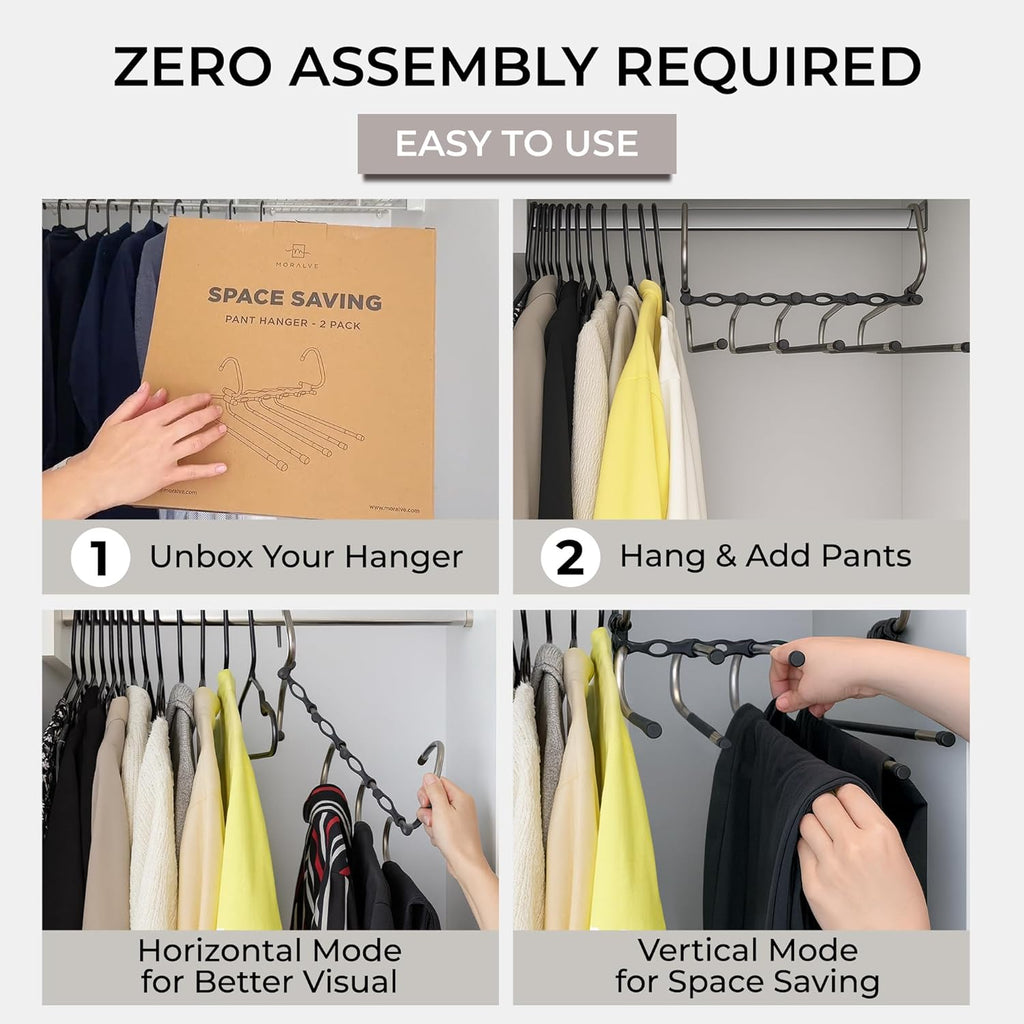 Pants Hangers Space Saving - 2 Pack - Non-Slip Multi-Layer Space Saving Hangers - Multifunctional Clothing Rack for Closet Storage - Ideal for Jeans, Trousers, Skirts, Scarves & Slacks (Black)