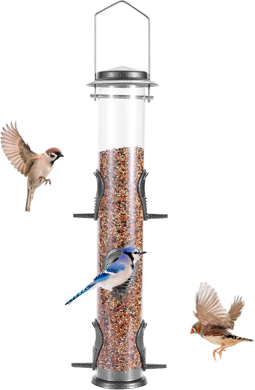 1PK Metal Bird Feeders with 6 Feeding Ports,Tube Bird Feeder with Steel Hanger,Hard Plastic Wild Bird Feeder for Outdoors Hanging, Attracting Birds in Your Lawn, Garden, Balcony-Grey