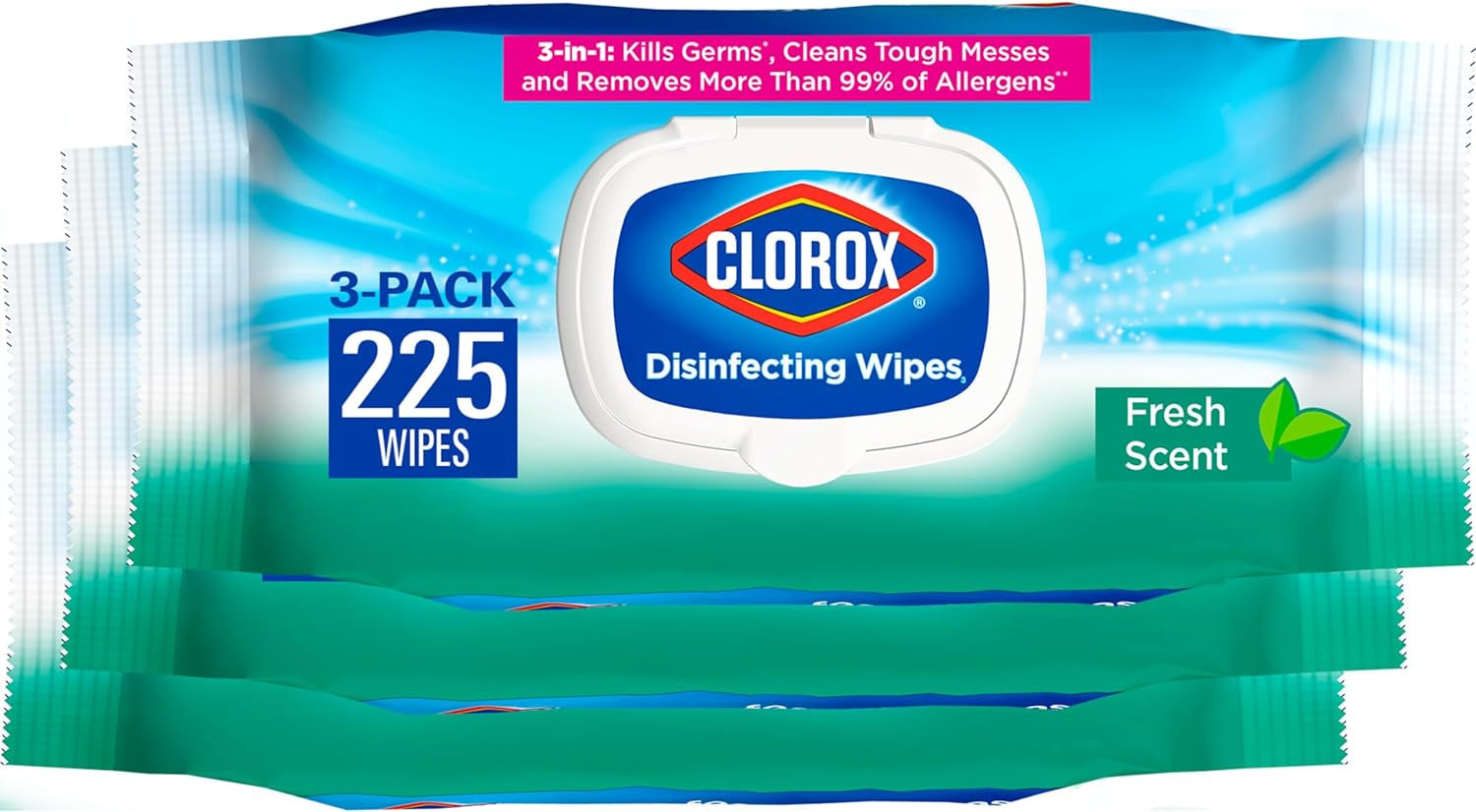Disinfecting Wipes, Bleach Free, Household Essentials, Fresh Scent, Moisture Seal Lid, 75 Cleaning Wipes, Pack of 3 (New Packaging)
