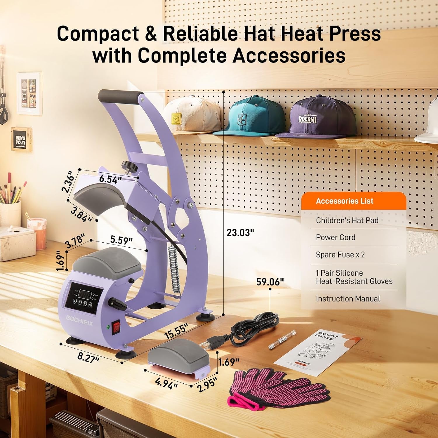 Hat Heat Press Machine, Precise Temp/Timer Control, 6.54"X3.84"Curved Heat Plate, Hat Stretcher, Safety Base, 2 Hat Pad, Glove, Heat Press Heat for Caps, Sublimation, Vinyl, Heat Transfer
