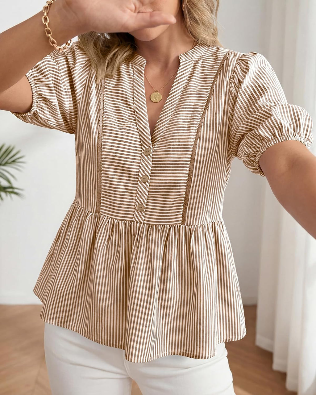Women Lantern Sleeve Button up Stripes Babydoll Tops | Summer V Neck Lace Trim Peplum Shirts,Fall Fashion Striped Loose Tunic Top,Spring Business Casual Beach Vacation Clothes