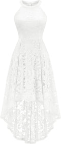 Women Halter Lace Hi Lo Wedding Guest Cocktail Formal Dress | Bridesmaid Wedding Dresses,Sleeveless,Halter Top Neckline,High Low Hem,Elegant a Line Design,Soft Floral Lace Party Dress