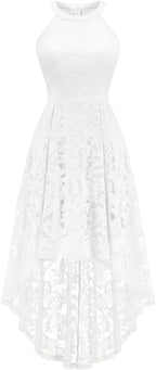 Women Halter Lace Hi Lo Wedding Guest Cocktail Formal Dress | Bridesmaid Wedding Dresses,Sleeveless,Halter Top Neckline,High Low Hem,Elegant a Line Design,Soft Floral Lace Party Dress