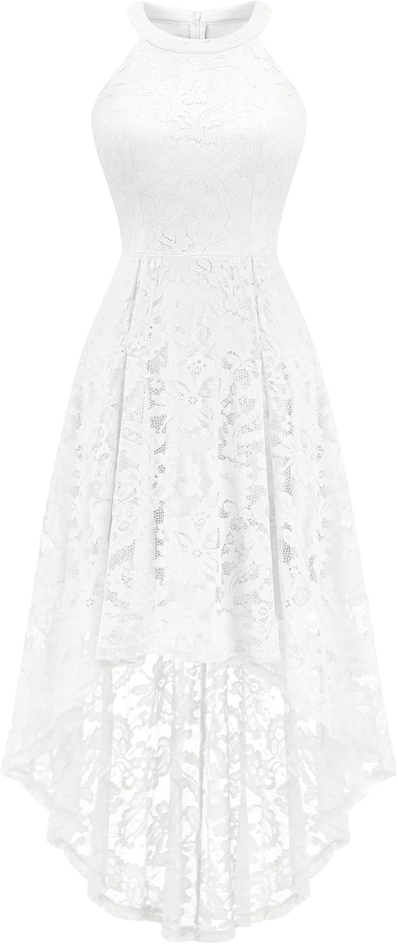 Women Halter Lace Hi Lo Wedding Guest Cocktail Formal Dress | Bridesmaid Wedding Dresses,Sleeveless,Halter Top Neckline,High Low Hem,Elegant a Line Design,Soft Floral Lace Party Dress