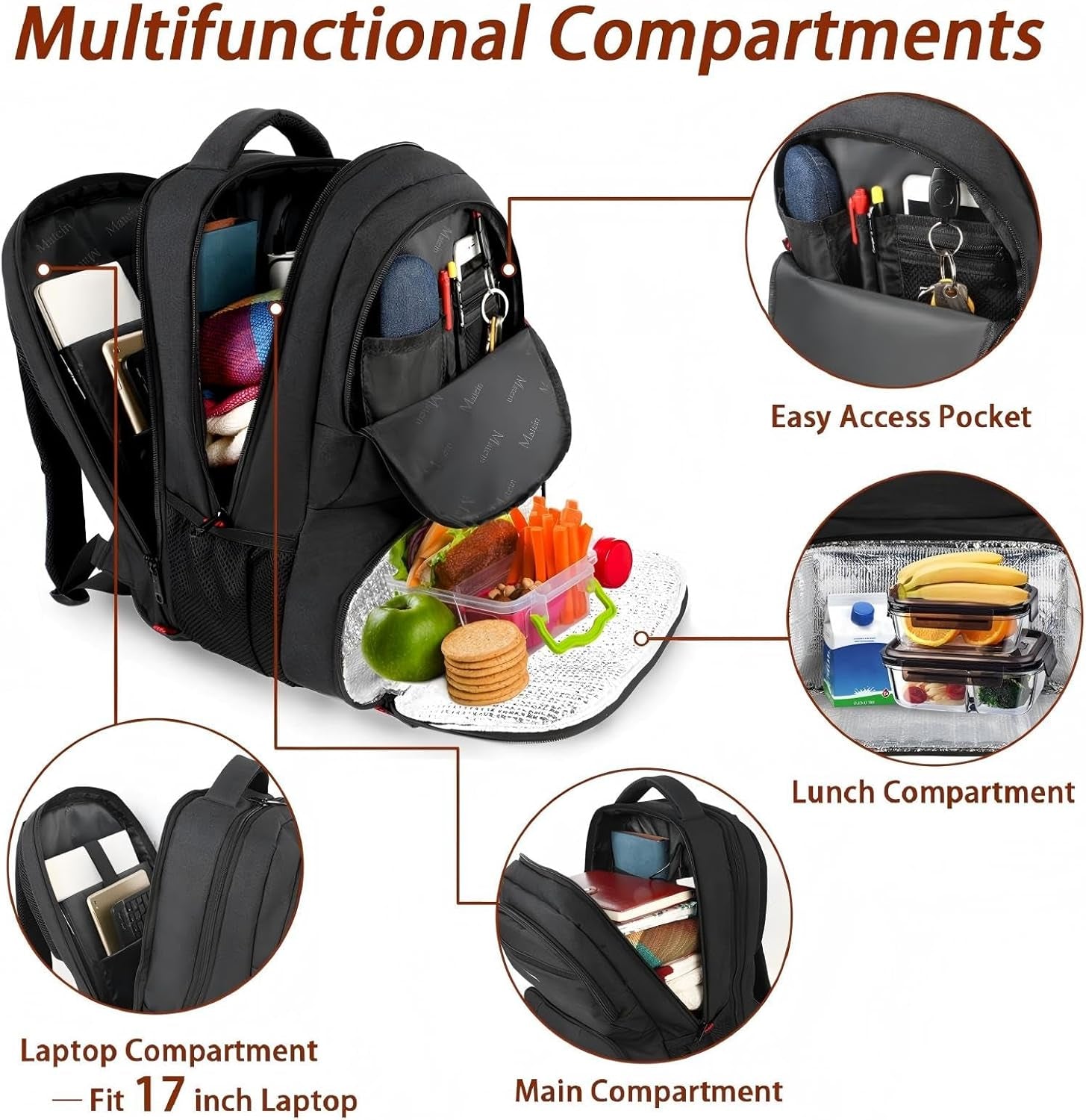 Lunch Backpack for Men, 17 Inch Work Backpack with Lunch Compartment | Laptop Compartment, Water Resistant, anti Theft, Insulated Cooler Backpack, Meal Prep Bag for College Travel Picnic, Black