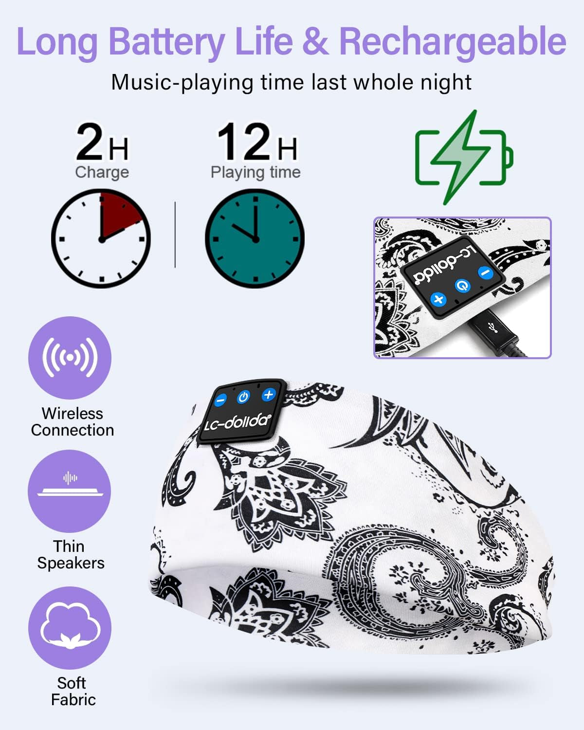 Sleep Headphones Bluetooth Wireless Headphones with Thin HD Stereo Speakers Perfect for Side Sleepers, Sport, Yoga, Travel