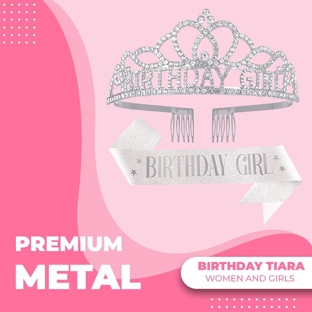 Birthday Tiara Crown with Sash for Women, Birthday Queen for Party | Metal Crown, Birthday Decorations, Birthday Accessories