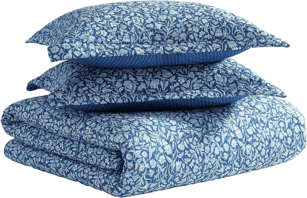 Laura Ashley - Quilt Set, Super Soft Fabric Bedding with Matching Shams, Toile-Inspired Print, Floral Home Essentials (Elaina Blue, King)