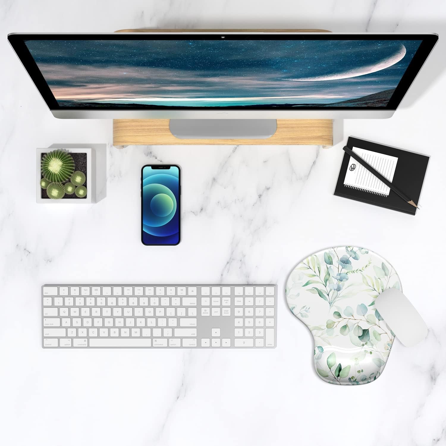 Ergonomic Mouse Pad with Gel Wrist Support Wrist Rest Smooth Surface Non-Slip PU Base Comfortable Office Supplies Pain Relief, 9.5 X 8 Inches, Leaves and Branches