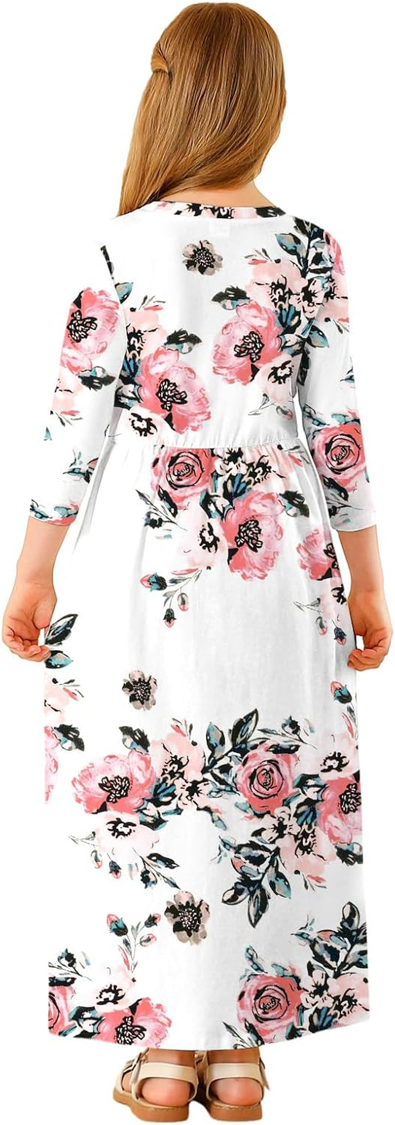 Girls Maxi Dress Floral 3/4 Long Sleeve Dresses with Pockets for Girls 6-12 Years