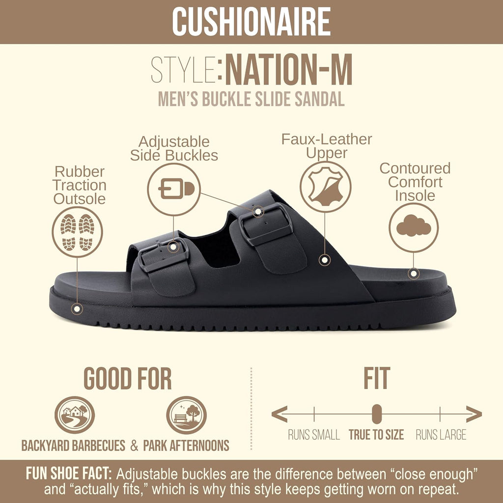 Nation Slip on Slides for Men with Adjustable Straps, Cushioned Footbed and Ridged Grip Outsole - Everyday Mens Sandals