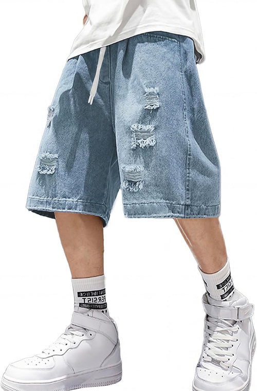 Baggy Jean Shorts Men, Y2K Jorts Cargo Ripped Elastic Waist, Mens Denim Shorts Comfy Casual Streetwear Summer