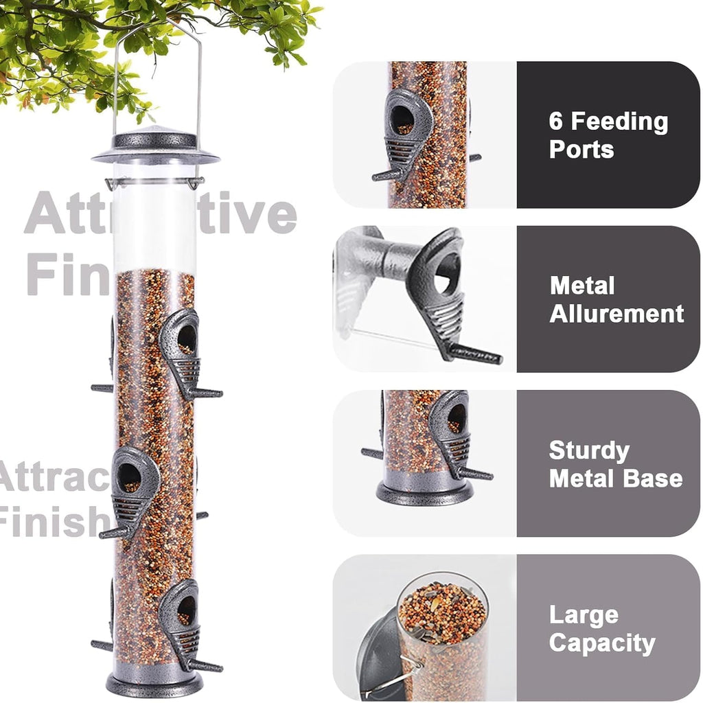 1PK Metal Bird Feeders with 6 Feeding Ports,Tube Bird Feeder with Steel Hanger,Hard Plastic Wild Bird Feeder for Outdoors Hanging, Attracting Birds in Your Lawn, Garden, Balcony-Grey