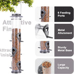 1PK Metal Bird Feeders with 6 Feeding Ports,Tube Bird Feeder with Steel Hanger,Hard Plastic Wild Bird Feeder for Outdoors Hanging, Attracting Birds in Your Lawn, Garden, Balcony-Grey