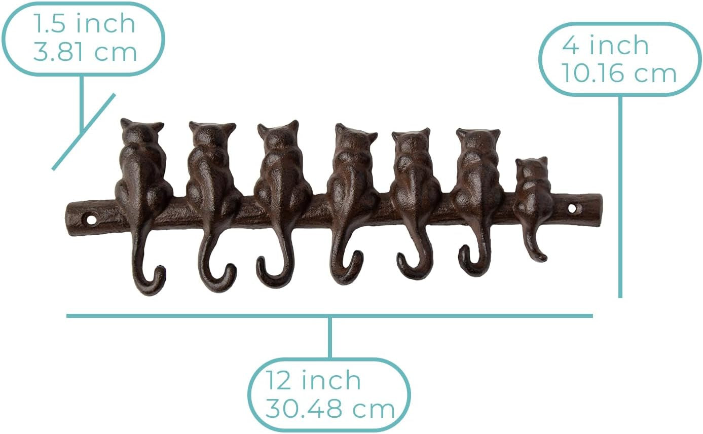 7 Cats Cast Iron Wall Mounted Hanger Rack - Decorative Cast Iron Wall Hook Rack - Vintage Design Hanger with 7 Hooks - Wall Mounted | 12.4 X 3.9”- with Screws and Anchors | Rustic Brown Color
