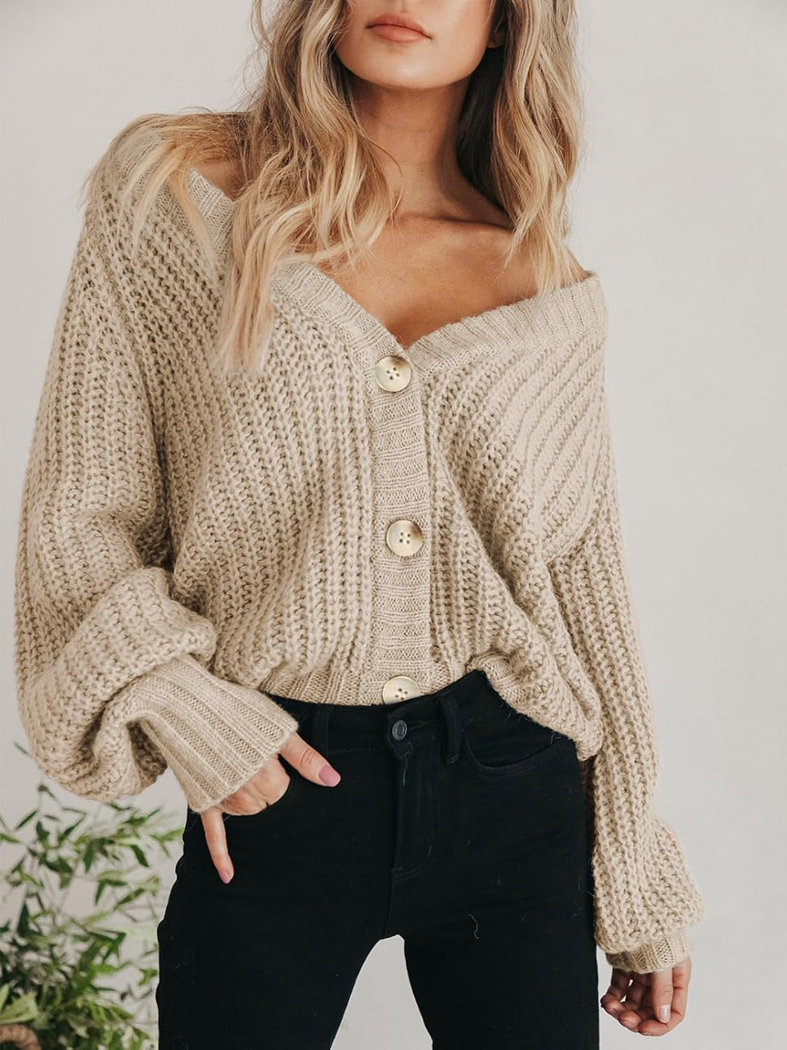 Women'S Chunky Knit Open Front Cardigan Sweaters Fall Outfits | V Neck Button Loose Short Cardigan Outerwear Coats, Slouchy Drop Shoulder Loose Cute Sweaters, Fall Clothes for Work & Office
