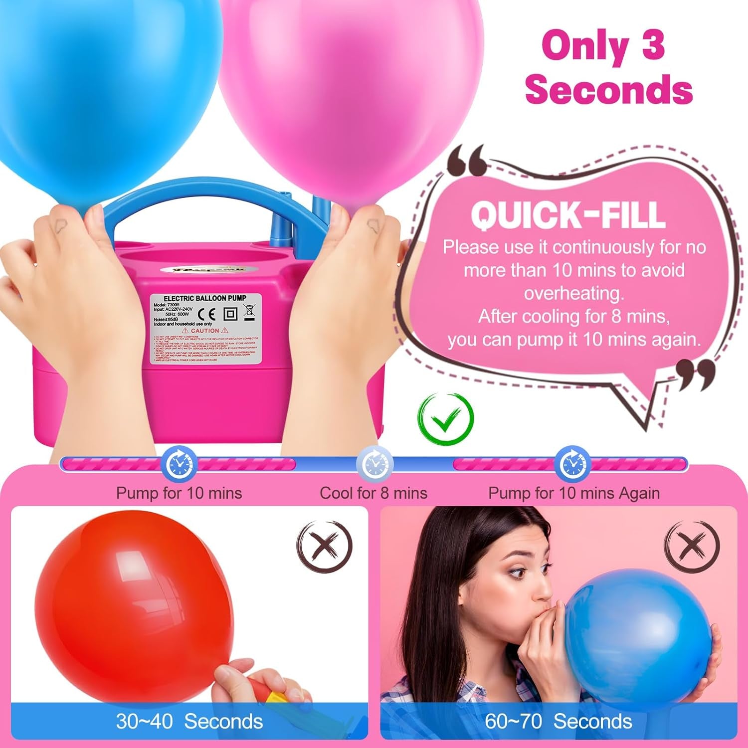 Balloon Pump, Electric Balloon Pump,Portable Dual Nozzles Electric Balloon Air Pump 110V 600W, Electric Balloon Inflator with Tying Tool, Colored Ribbons for Party Decoration