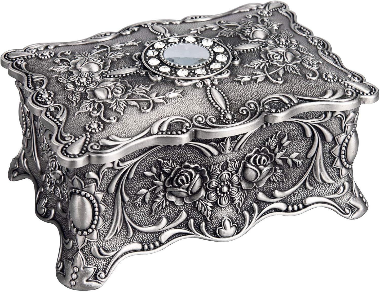Vintage Trinket Jewelry Box Ring Earring Necklace Treasure Chest Case Classic Organizer Keepsake Box Ornate Antique Decorative Box for Girl Women Birthday Wedding Gift(Pewter)