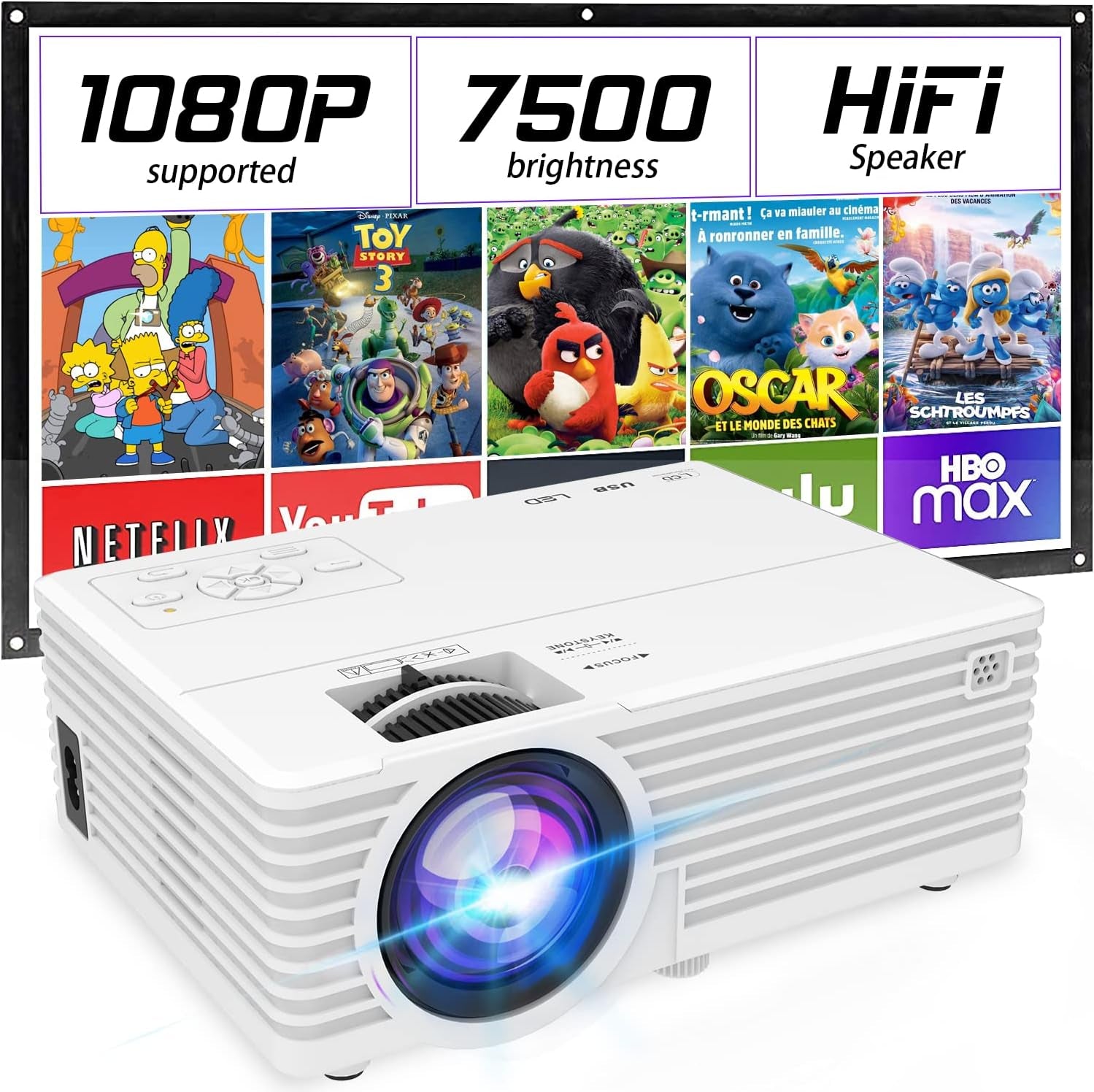 Mini Video Projector, 1080P Supported, Portable Outdoor Movie Projector, 176" Display Compatible with TV Stick, HDMI, USB, VGA, AV for Home Entertainment