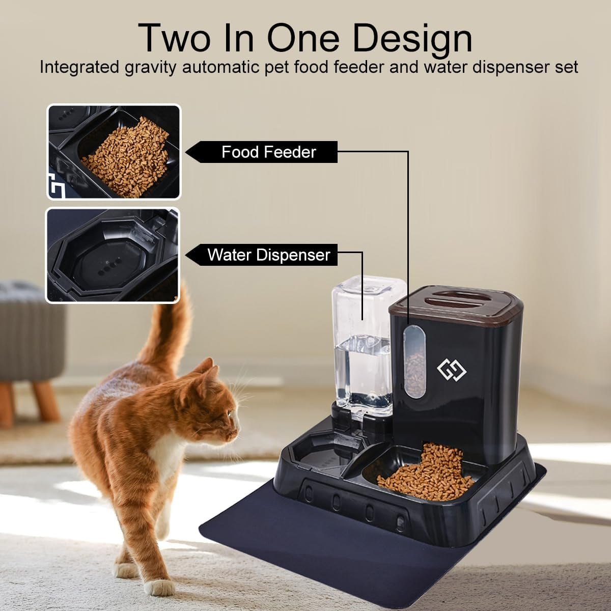 Gravity Cat Feeder & Automatic Water Dispenser – 3-In-1 Cat Feeding Station with Absorbent Feeding Mat, Spill-Proof Automatic Cat Feeder for Indoor Cats, Small Dogs & Multi-Pet Homes