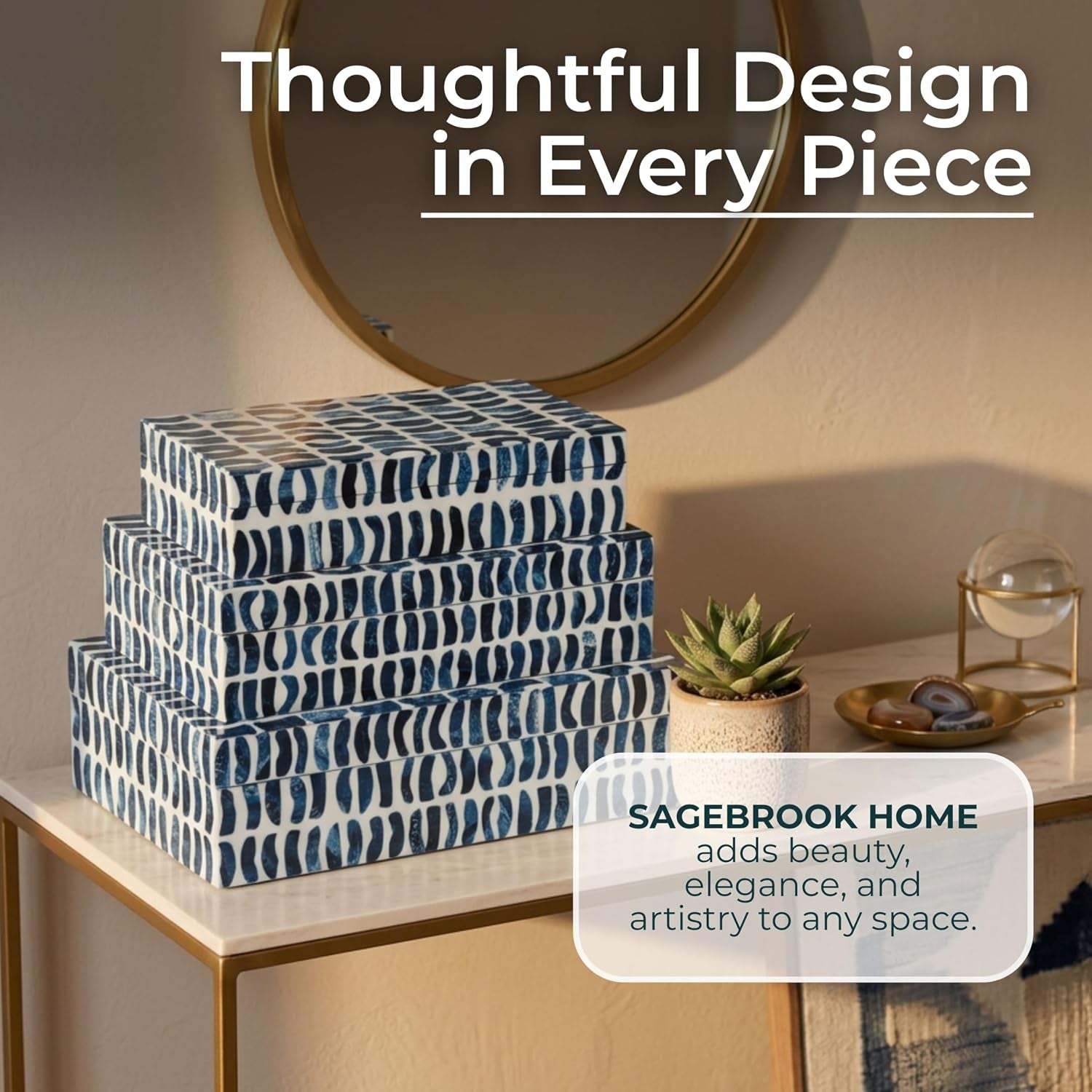 Set of 3 10/11/12" Boxes with Inlay Pieces, Blue/White