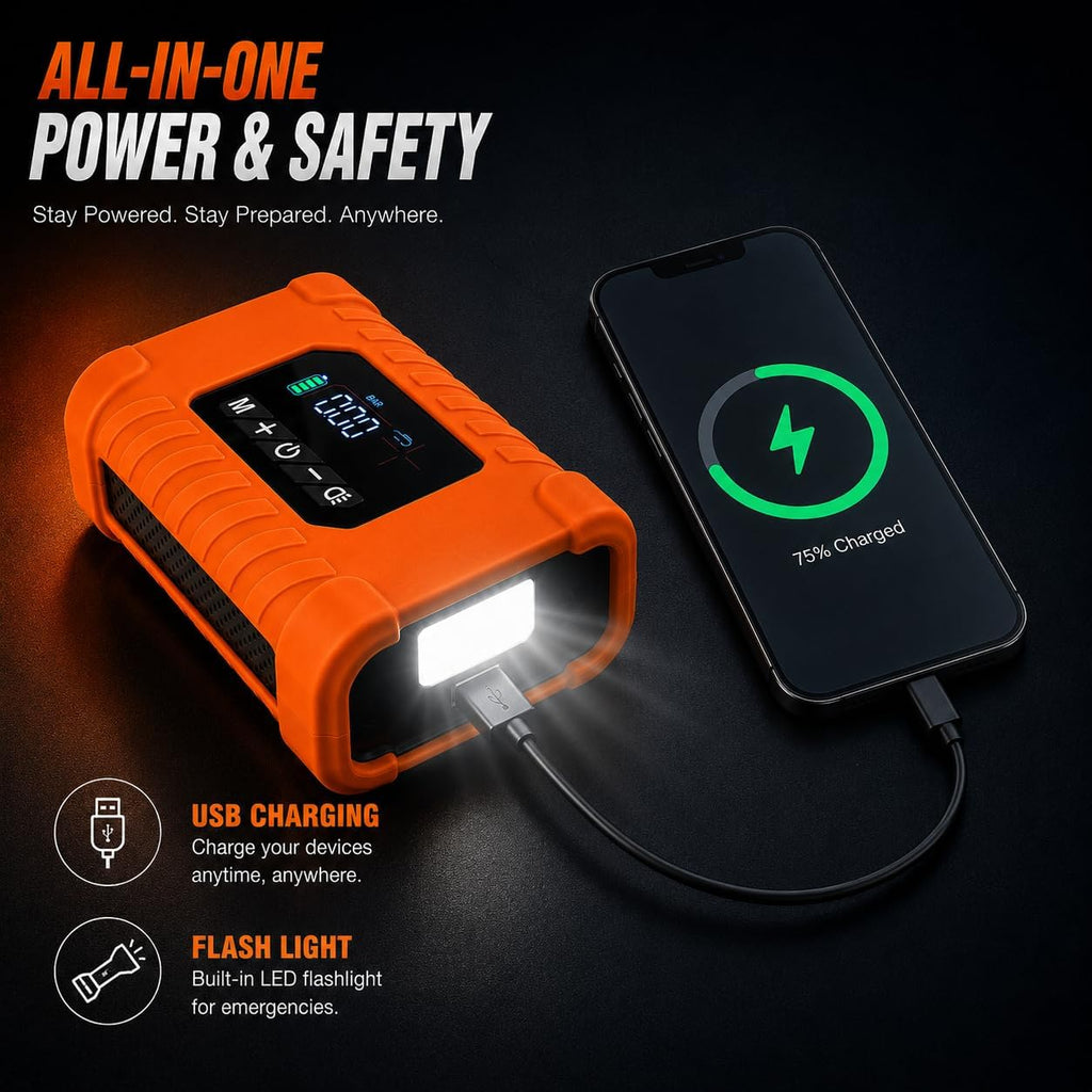 140 PSI Portable Tire Inflator for Cars, Motorcycles, Bikes & Balls | Portable Air Pump with Digital Pressure Gauge, Auto Shut-Off, Bright LED Light & Rechargeable Battery