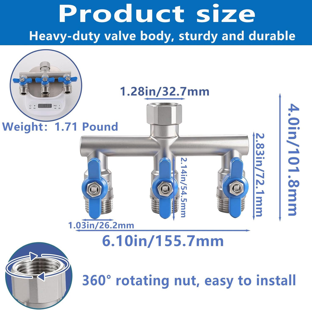 304 Stainless Steel Garden Hose Splitter 3 Way Heavy Duty, Full Flow T Valve Water Hose Splitter with 2.1" Extra Long Handle, Lead-Free，3/4" GHT Thread Connector for Outdoor Spigot Faucet