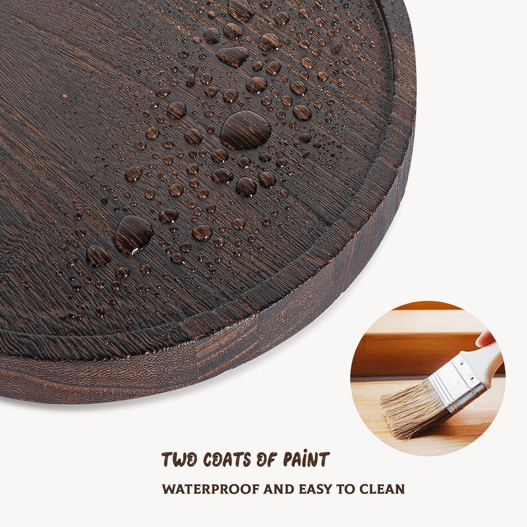 Round Decorative Tray Farmhouse Kitchen Decor Soap Dish, 9" Dark Brown | Waterproof, Lightweight, Easy Clean, Wood Riser Pedestal Stand Accessories for Office Desk, Vanity, Counter, Sink