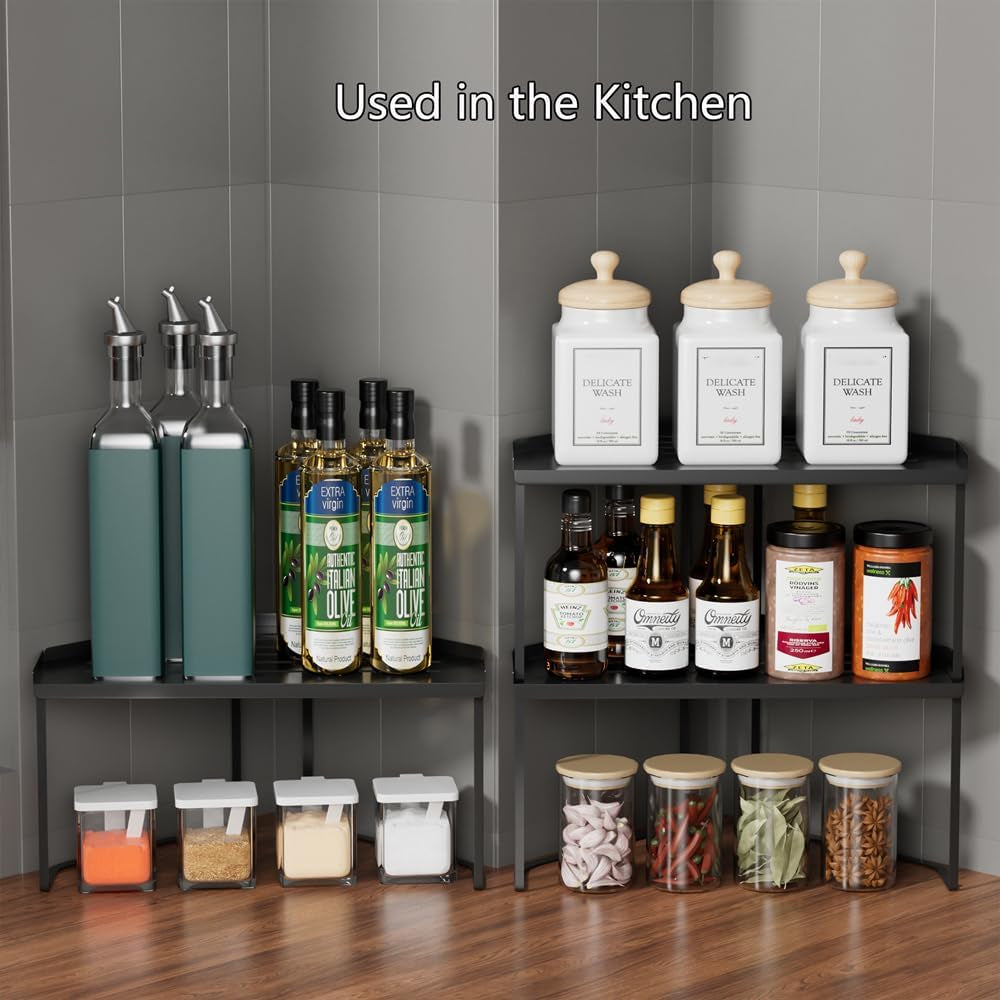 Stackable Metal Kitchen Cabinet Organizer,Kitchen Corner Shelf with Non-Slip Mat,Bathroom Organizer,Storage Shelf for Cabinet/Bathroom/Countertops/Utensils