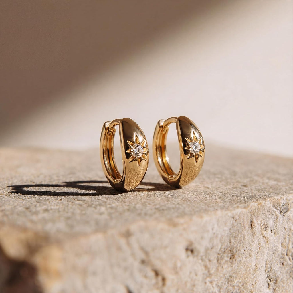 Chunky Huggie Hoop Earrings for Women Starburst Beaded Styles | 18K Gold Plated Brass, Triple or Single Cubic Zirconia Star Details, Graduated Rounded Profile, Front Stone Row