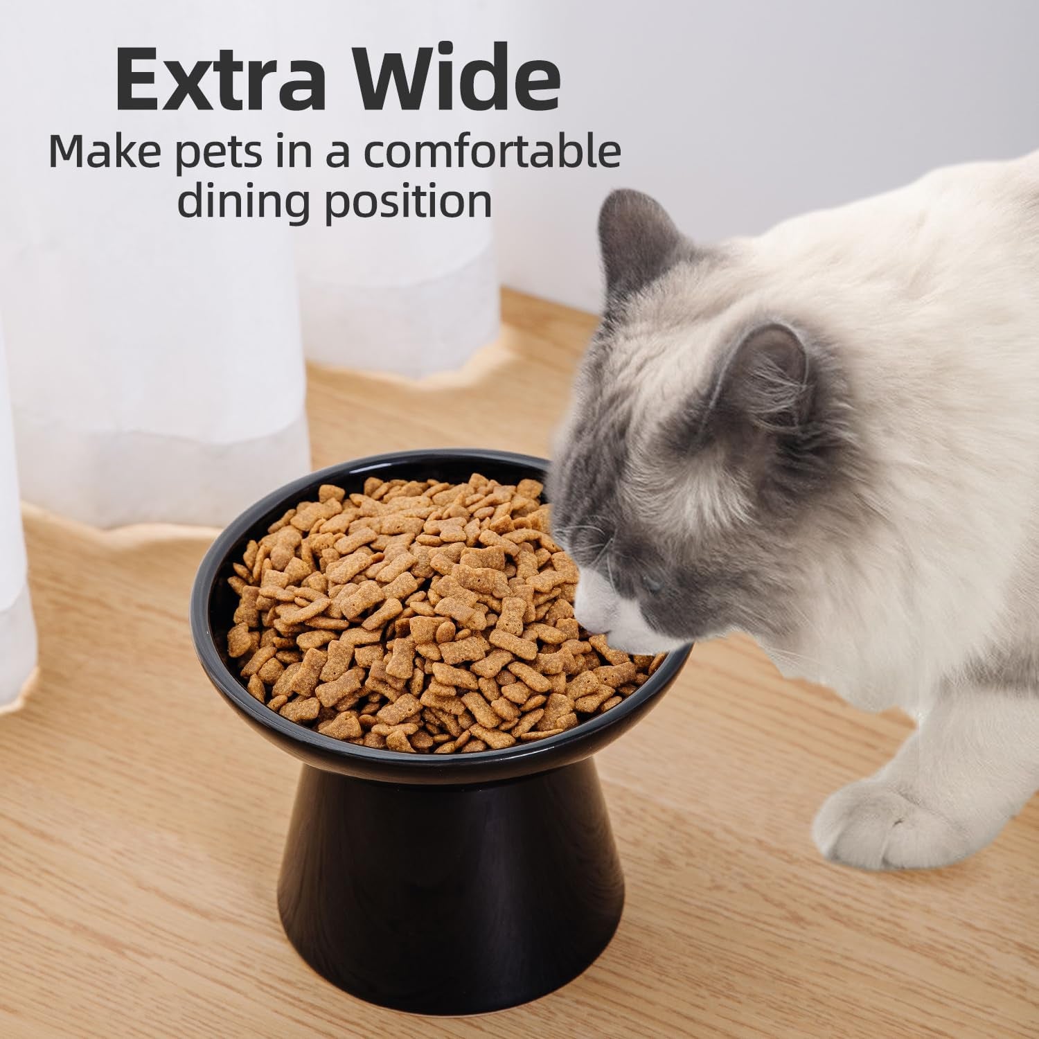 Ceramic Elevated Cat Bowls - 6.2 Inch Extra Wide Raised Cat Food and Water Bowl Set for Indoor Cats, Whisker-Friendly Ceramic Cat Dish for Elder Big Cats & Small Dogs,Black,2 Pack