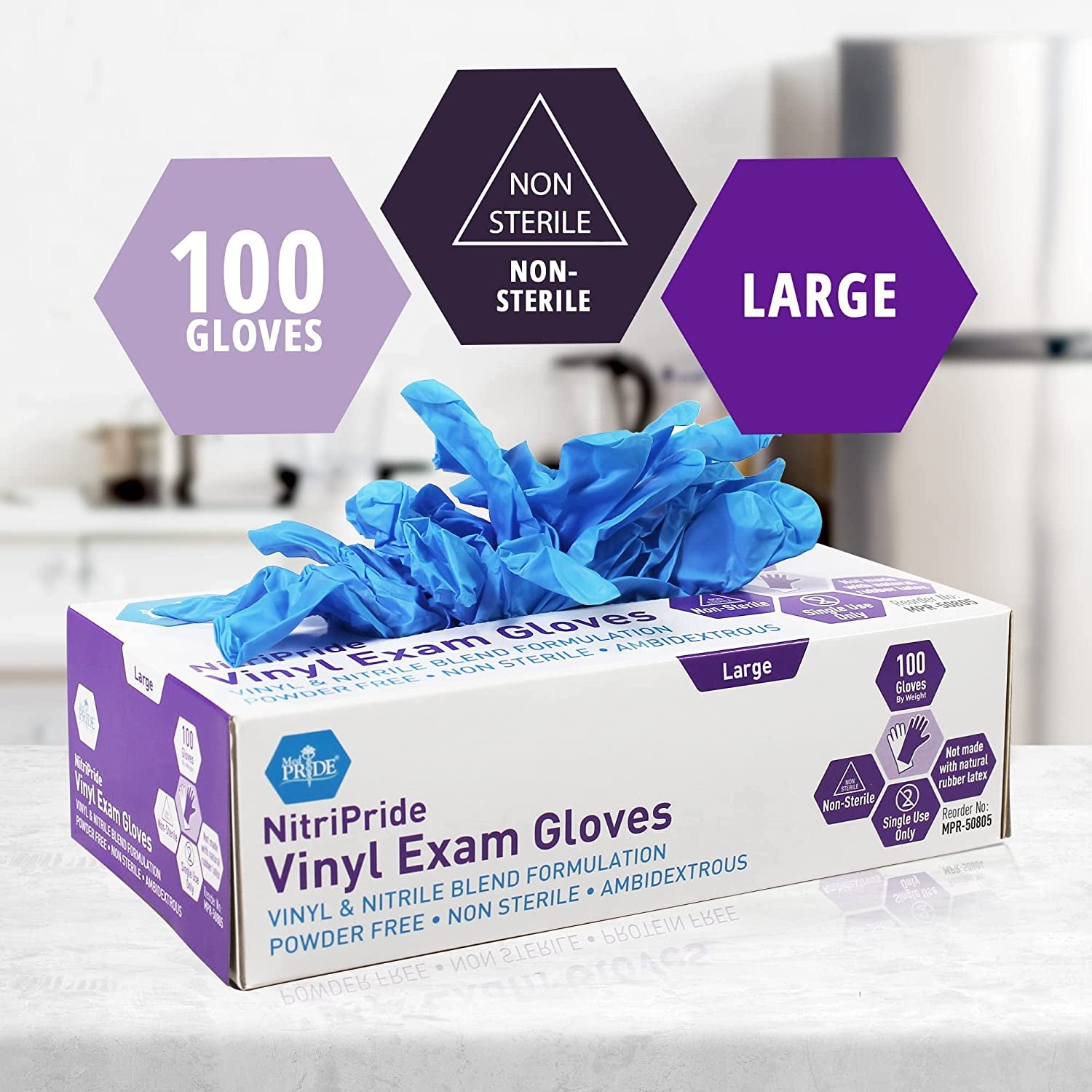 Nitripride Nitrile-Vinyl Blend Exam Gloves, Large 100 - Powder Free, Latex Free & Rubber Free - Single Use Non-Sterile Protective Gloves for Medical Use, Cooking, Cleaning & More