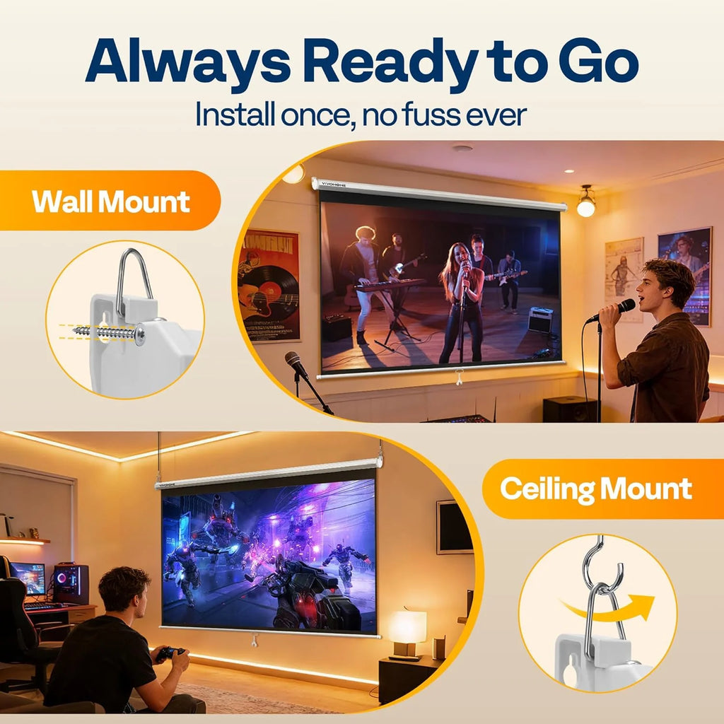 100 Inch Manual Pull down Projector Screen, 16:9 HD Retractable Projector Screens with Auto Locking for Movie Home Theater Cinema Office Video Game, White(87W X 49H Inch Display Area)