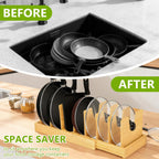 Pots and Pans Organizer for under Cabinet - Expandable Bamboo Pot Lid Organizer, Pan Organizers inside Cabinet, Drawer Pot Lid Holder Rack for Kitchen Organization and Storage