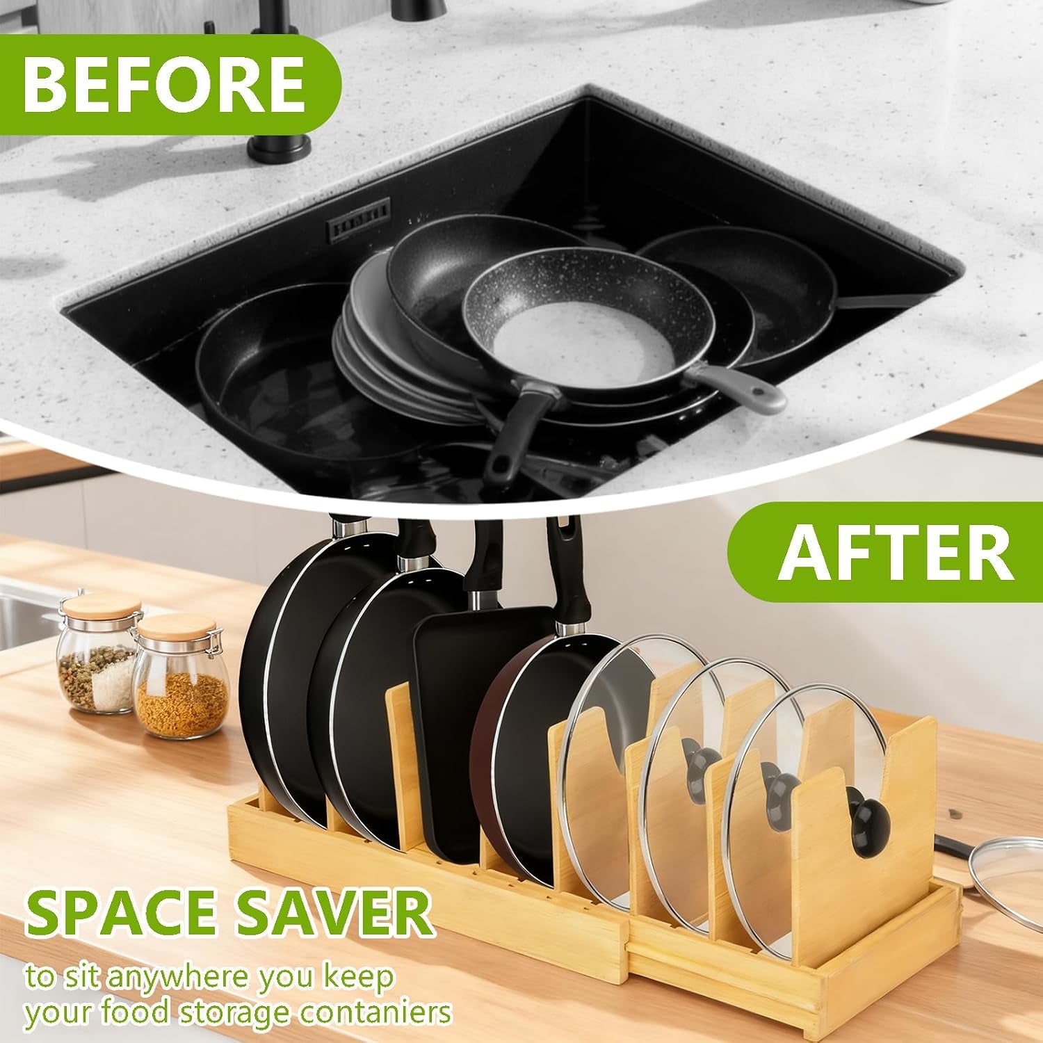 Pots and Pans Organizer for under Cabinet - Expandable Bamboo Pot Lid Organizer, Pan Organizers inside Cabinet, Drawer Pot Lid Holder Rack for Kitchen Organization and Storage