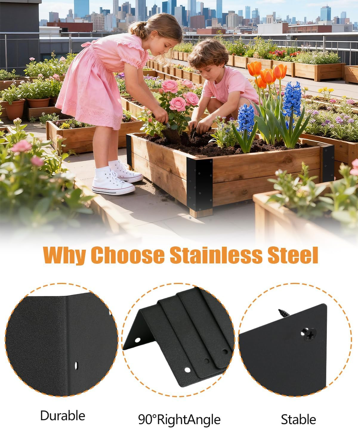 Stainless Steel Raised Garden Bed Corner Brackets, 4 PCS, 11" X 3" X 3" | Rustproof & Corrosion Resistance Garden Bed Supports 20"-24" Beds, Connectors for Vegetable Planter Garden, 11" X 3" X 3"