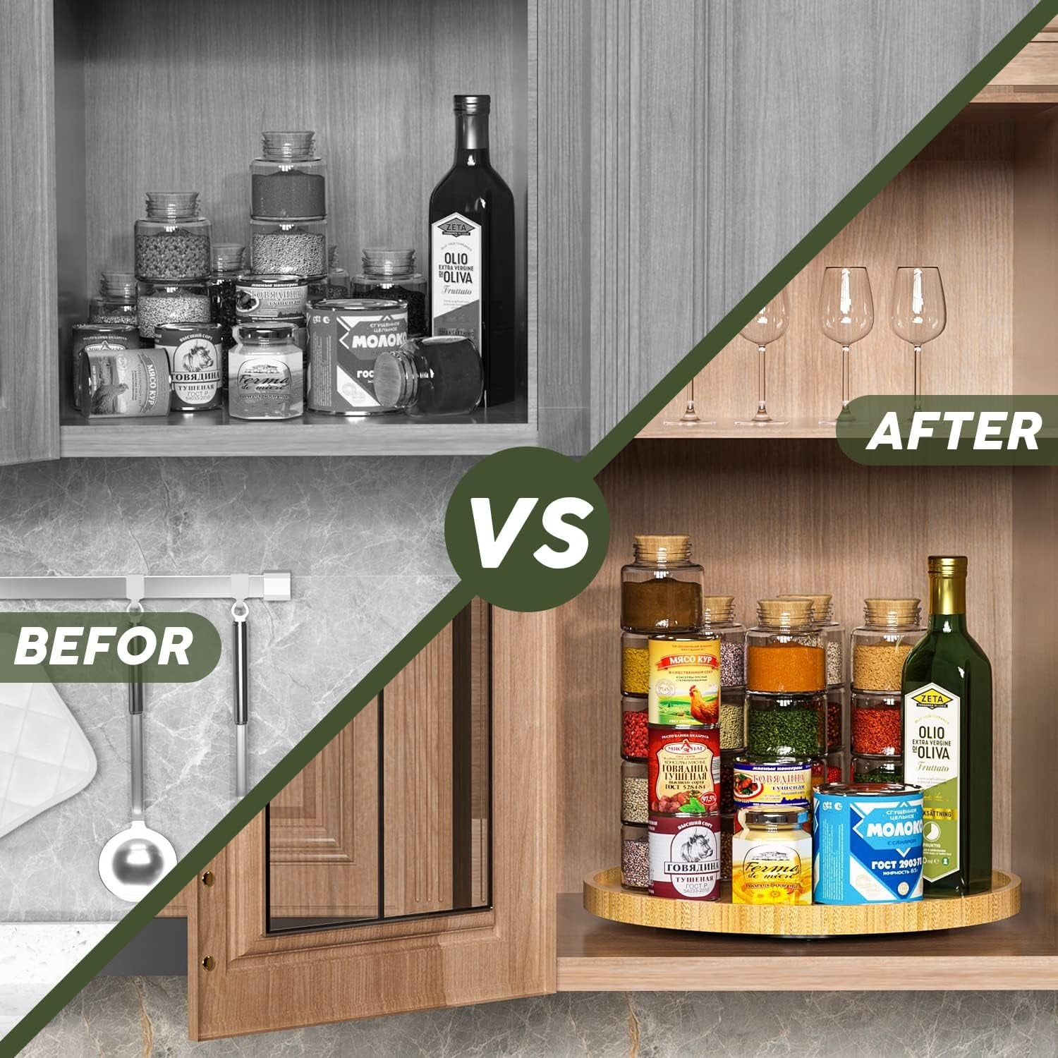 Lazy Susan Organizer, 13.2 Inch Non-Skid Bamboo Turntable | Kitchen Table Cabinets Closets and Kitchen Islands, Wood Turntable for Kitchen Countertop Organizer