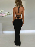Women Sexy Crochet Maxi Dress Cut Out Halter V Neck Backless Knit Bodycon Long Dress Summer Beach Evening Party Dresses