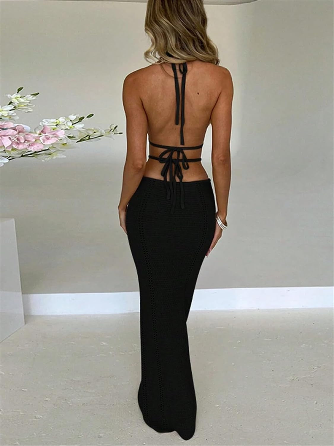 Women Sexy Crochet Maxi Dress Cut Out Halter V Neck Backless Knit Bodycon Long Dress Summer Beach Evening Party Dresses