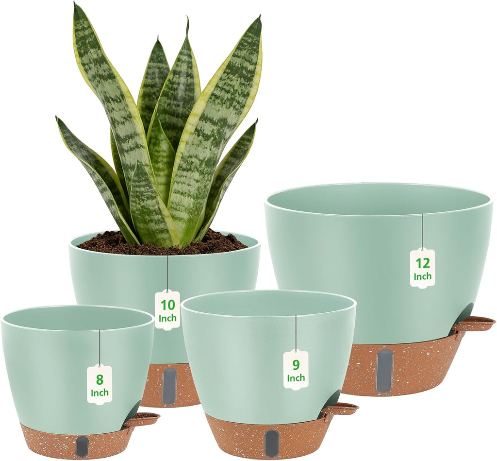 Self Watering Pots with Water Level Indicator, 12" 10" 9" 8" Large Plastic Flower Pots with Mesh Drainage Hole and Removable Saucer Reservoir for Indoor Outdoor Plants (Green)
